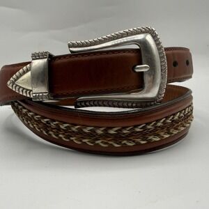 Orvis Mens Brown Leather Braided Horsehair Western Belt Silver Buckle 38 2117